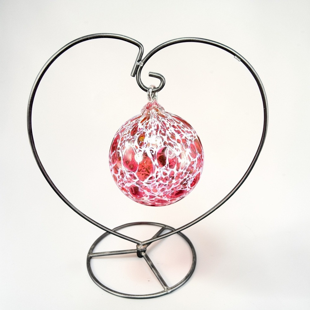 Hand Blown Glass Friendship Ball Ornament Pink‎ White Speckled Heart Stand VTG